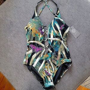 🆕️2023 Vince Camuto Women Rainforest Strappy Leaf Print  One Piece Swimsuit 10